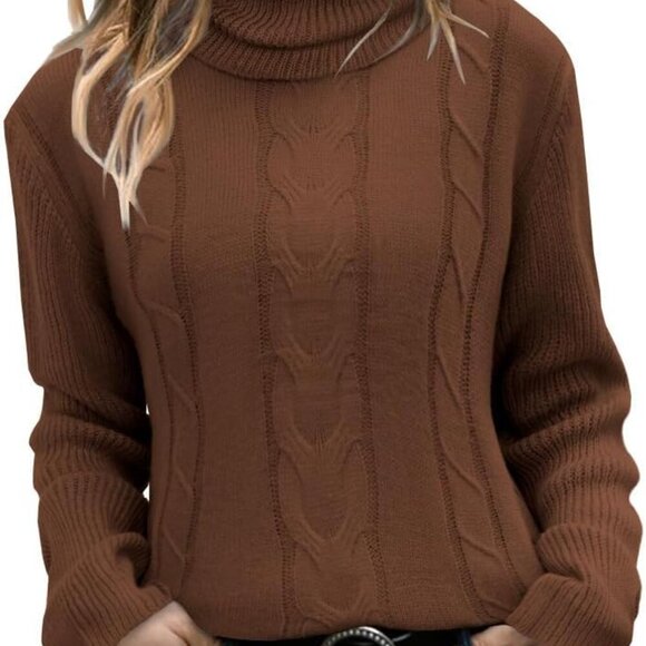 Tops - Elegant Women's Cable Knit Turtleneck Sweater - Cozy Brown Pullover for Winter